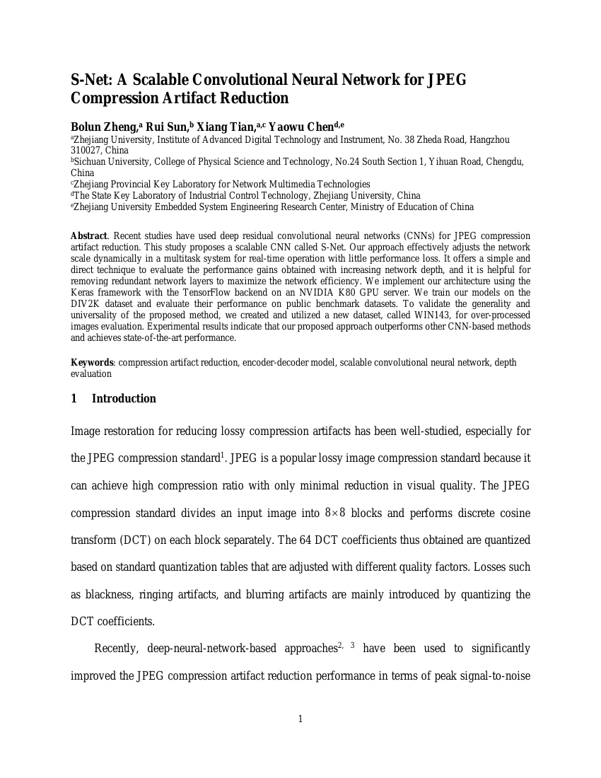 S-Net:一种可扩展的卷积神经网络用于JPEG压缩伪影减少