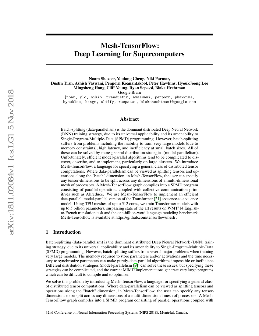 Mesh-TensorFlow:超级计算机上的深度学习