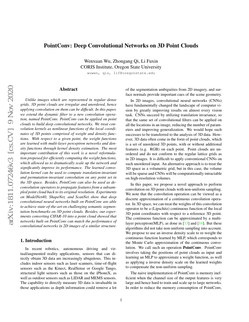 PointConv: 基于3D点云的深度卷积网络