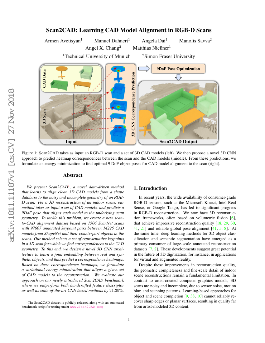 Scan2CAD:学习RGB-D扫描中的CAD模型对齐