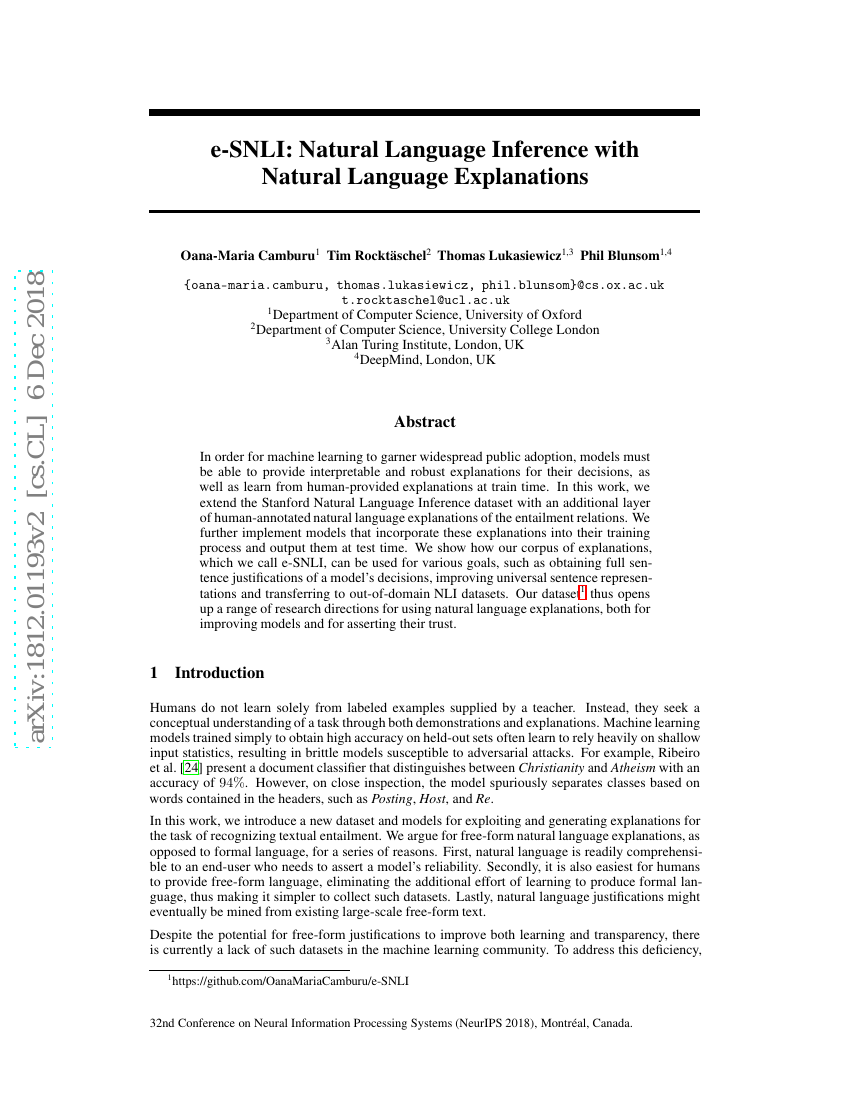 e-SNLI：带自然语言解释的自然语言推理