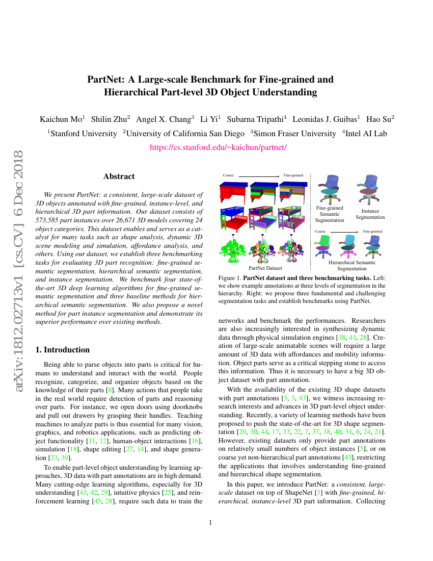 PartNet:用于细粒度和层次化部件级3D物体理解的大规模基准数据集