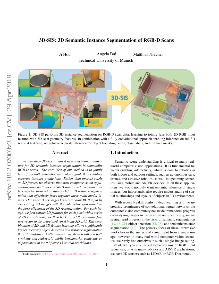 3D-SIS:RGB-D 扫描的三维语义实例分割