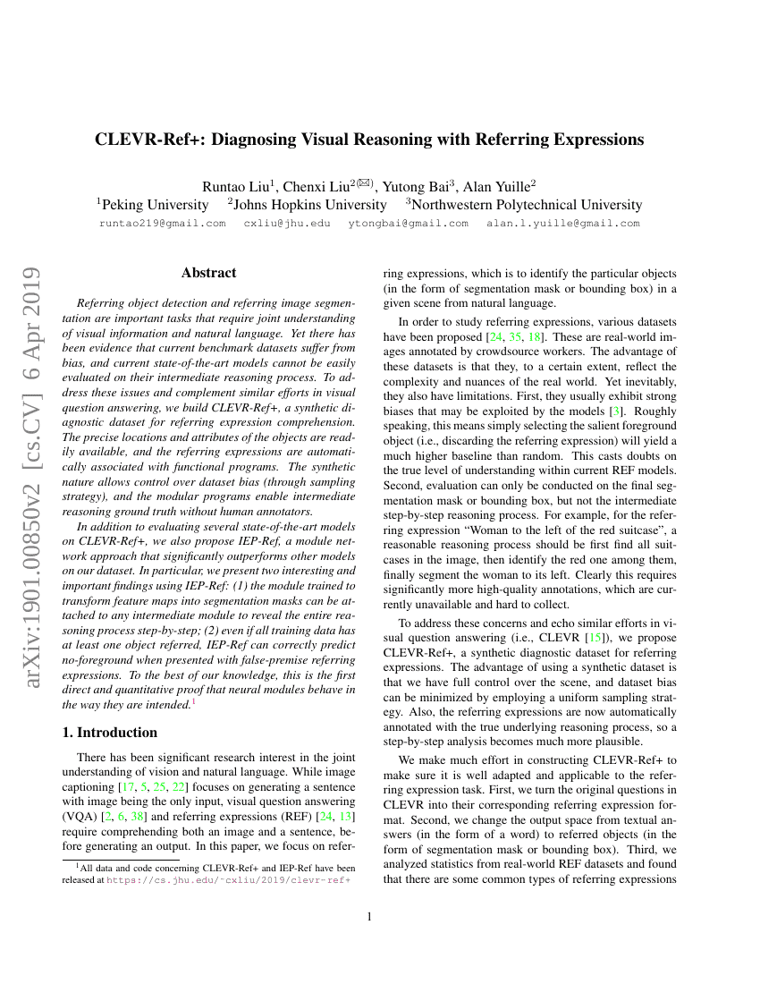 CLEVR-Ref+:通过指代表达诊断视觉推理能力