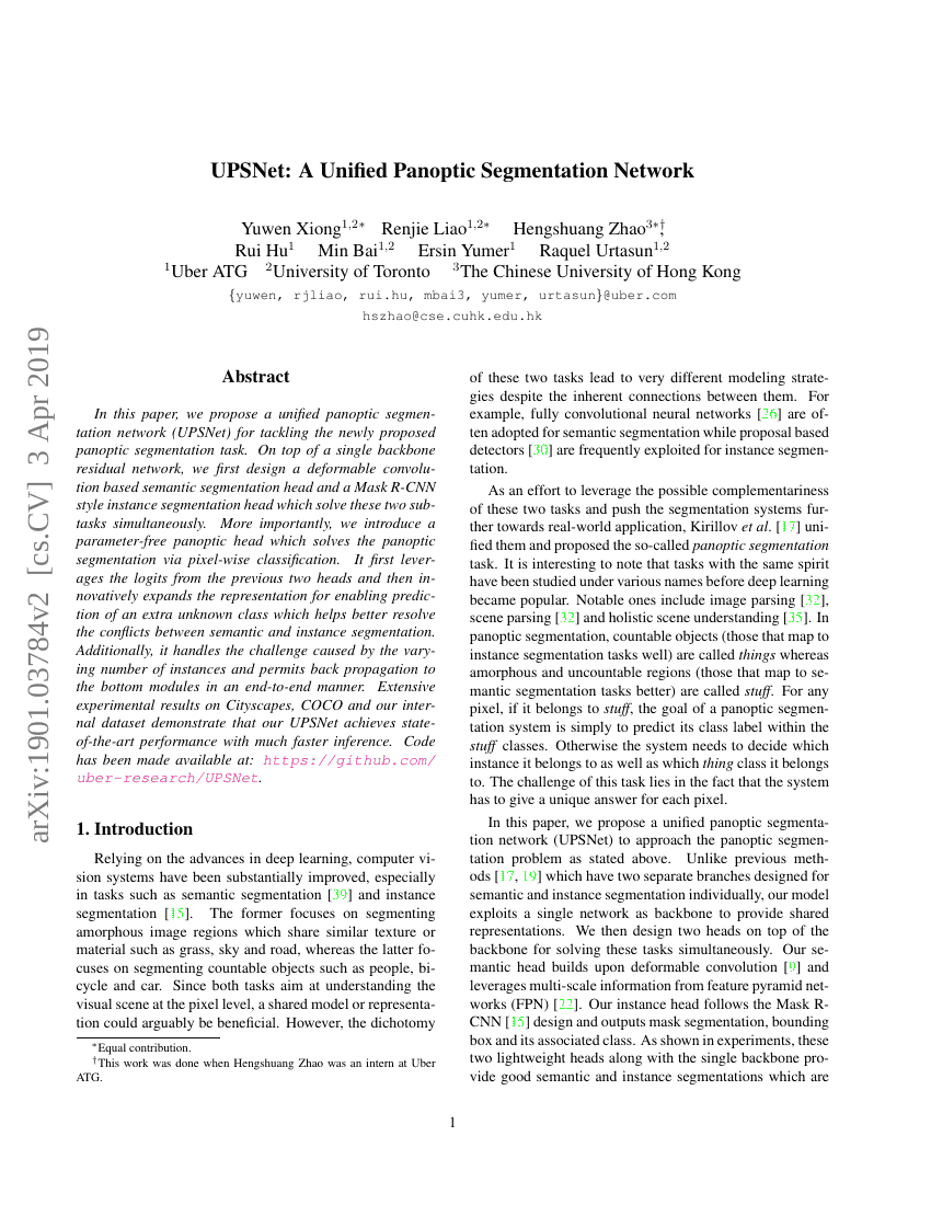 UPSNet:统一全景分割网络