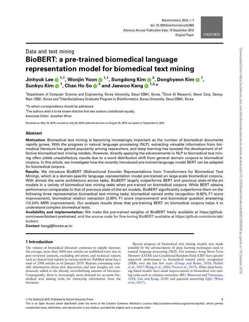 BioBERT:一种用于生物医学文本挖掘的预训练生物医学语言表示模型