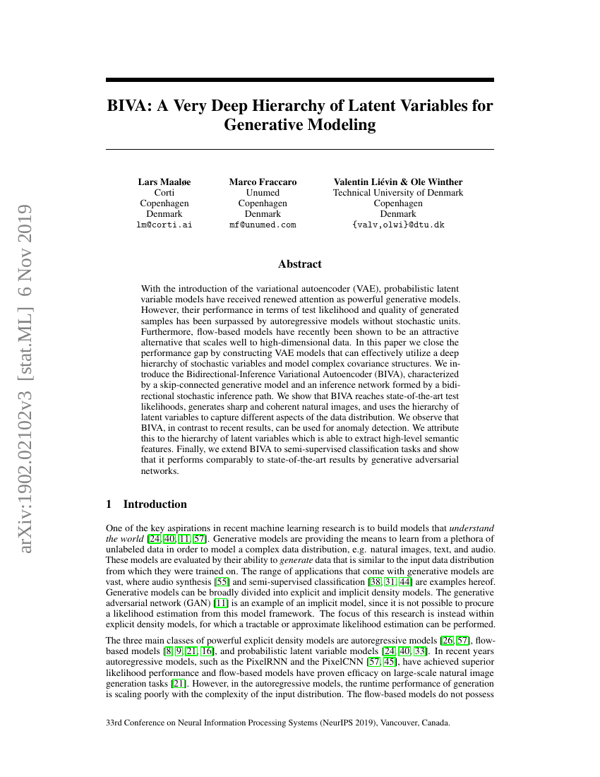 BIVA：用于生成建模的非常深层的潜在变量层次结构