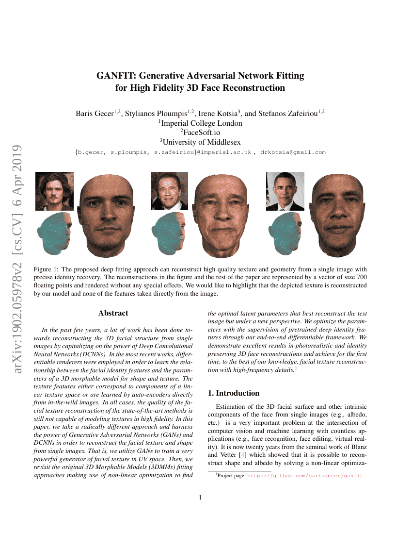GANFIT:用于高保真3D人脸重建的生成对抗网络拟合