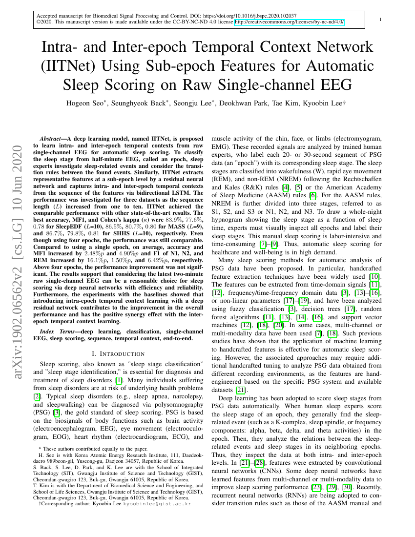 基于子阶段特征的自动单通道原始EEG睡眠评分的时内及时间段间时间上下文网络（IITNet）