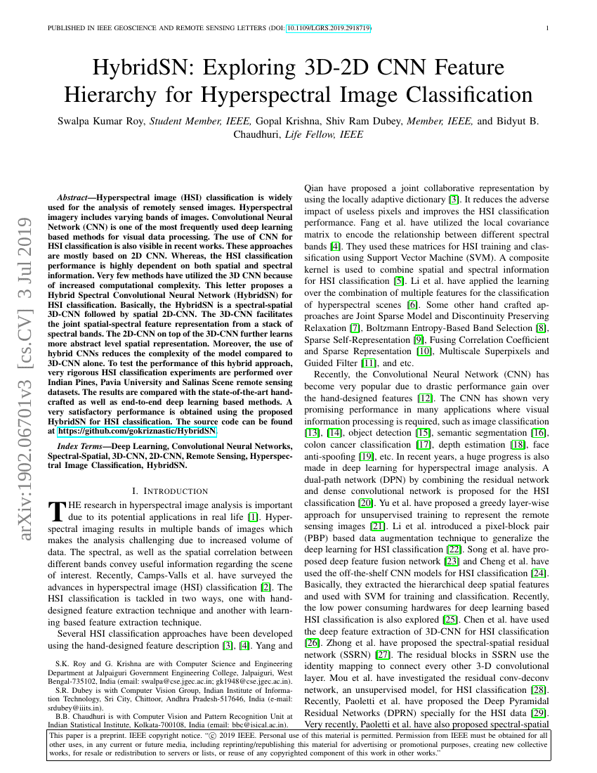 HybridSN:探索用于高光谱图像分类的3D-2D CNN特征层次结构