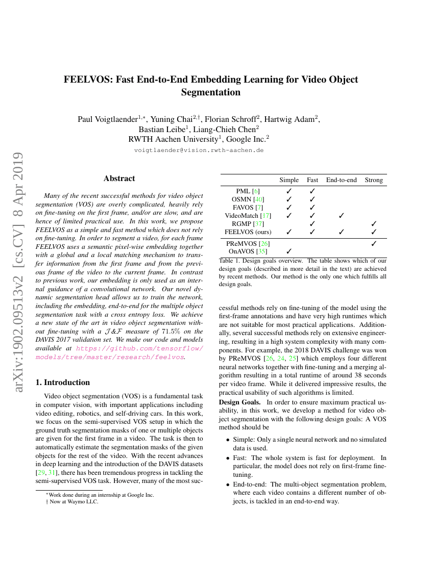 FEELVOS:用于视频目标分割的快速端到端嵌入学习