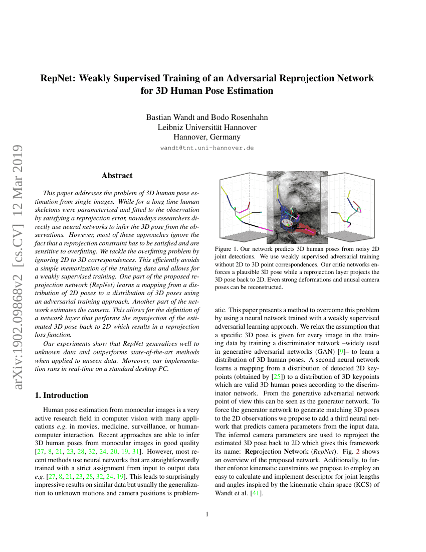 RepNet:用于3D人体姿态估计的弱监督对抗重投影网络训练