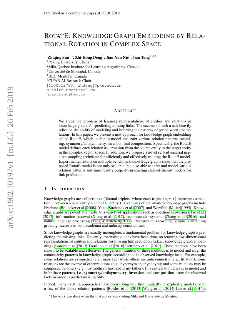 RotatE：通过复数空间中的关系旋转进行知识图谱嵌入