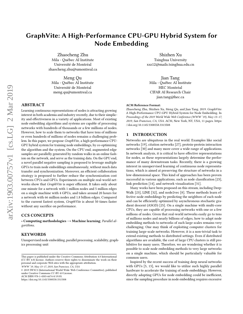GraphVite:一种高性能的CPU-GPU混合系统用于节点嵌入