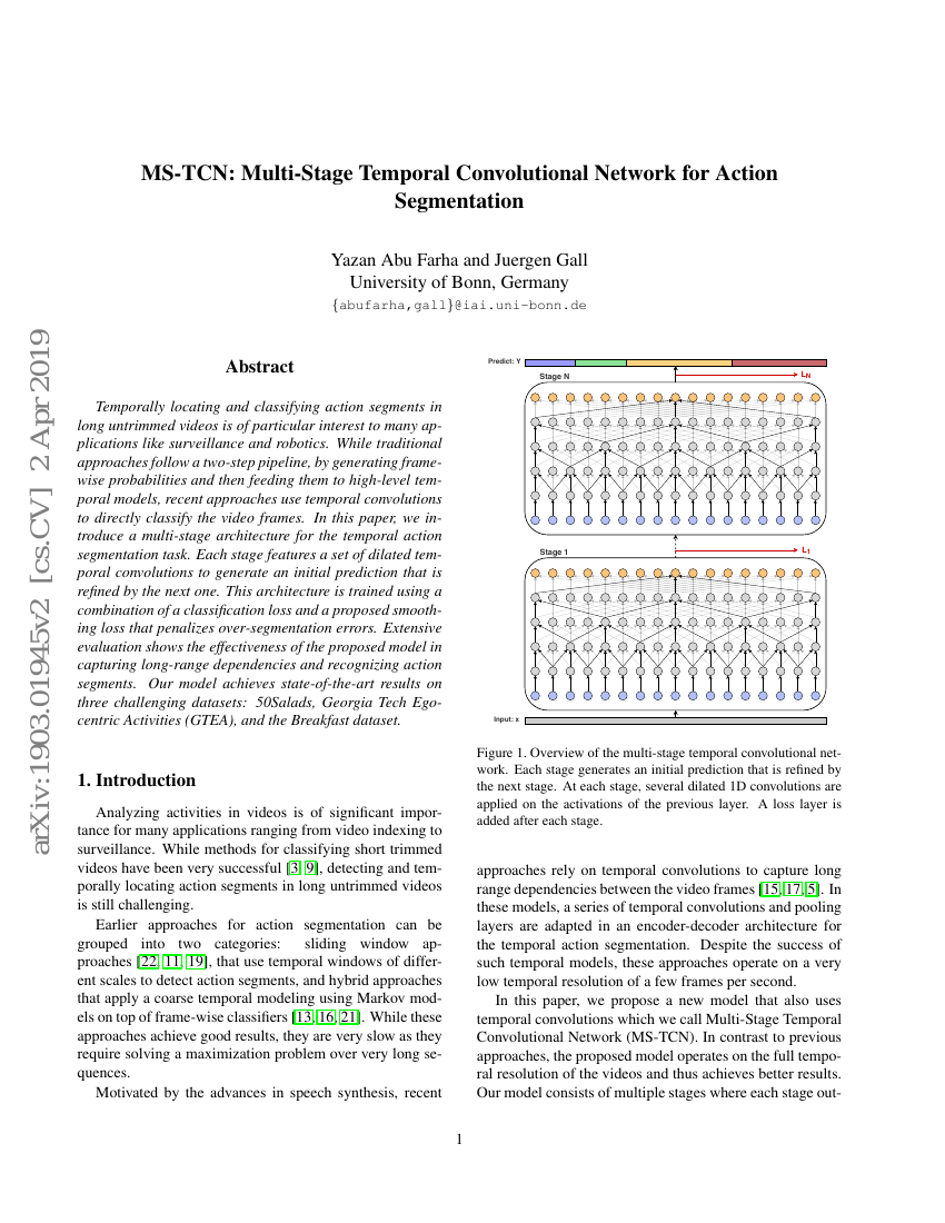 MS-TCN:多阶段时序卷积网络用于动作分割