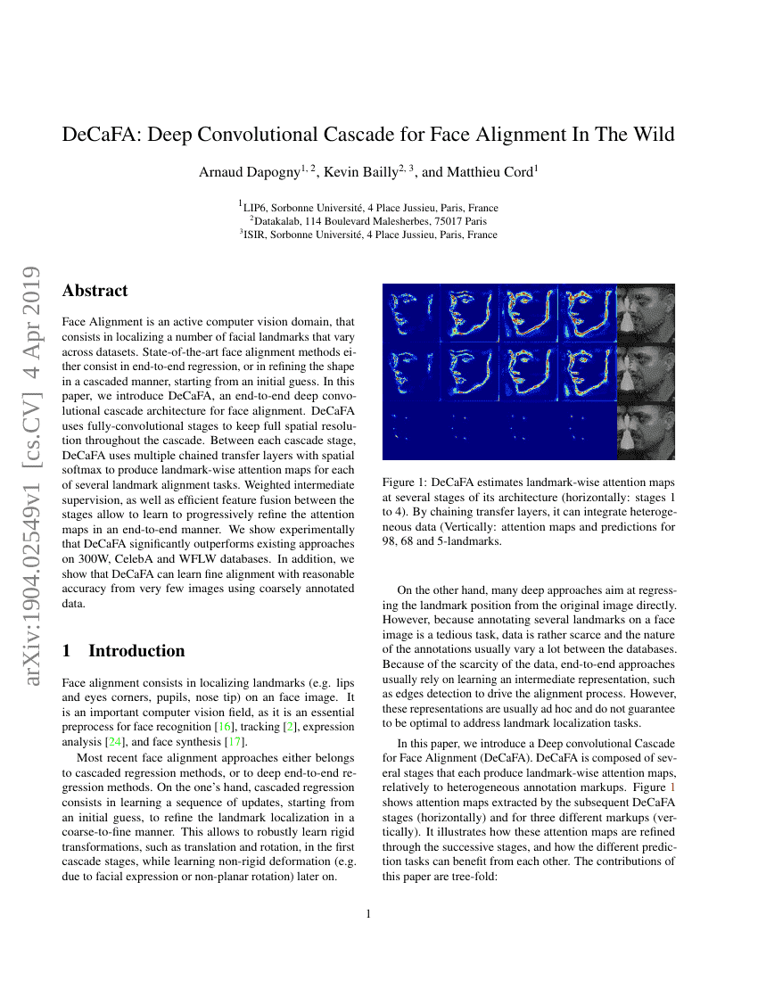DeCaFA:用于野生环境下面部对齐的深度卷积级联