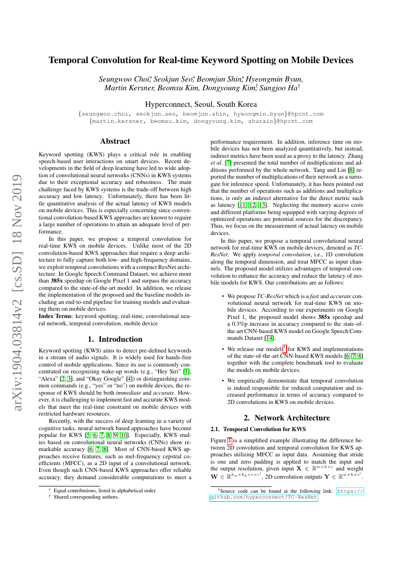 用于移动设备实时关键词检测的时间卷积