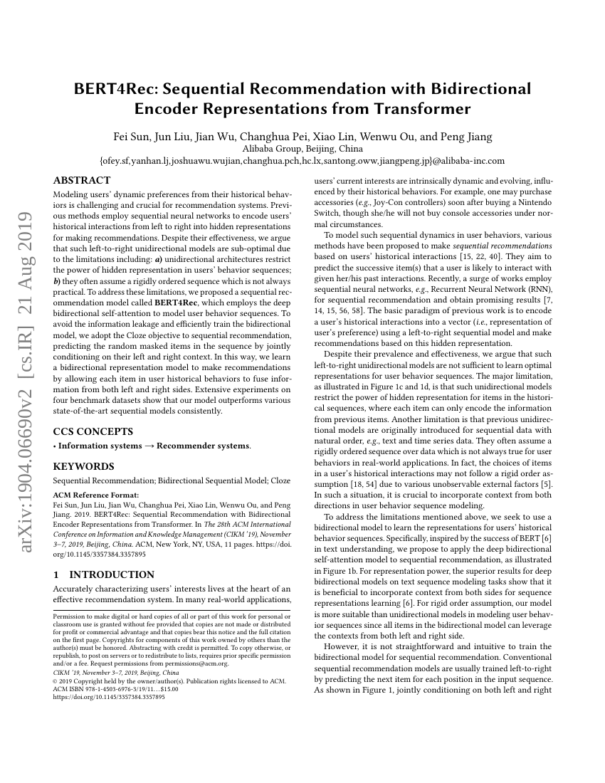 BERT4Rec：基于双向Transformer编码器表示的顺序推荐