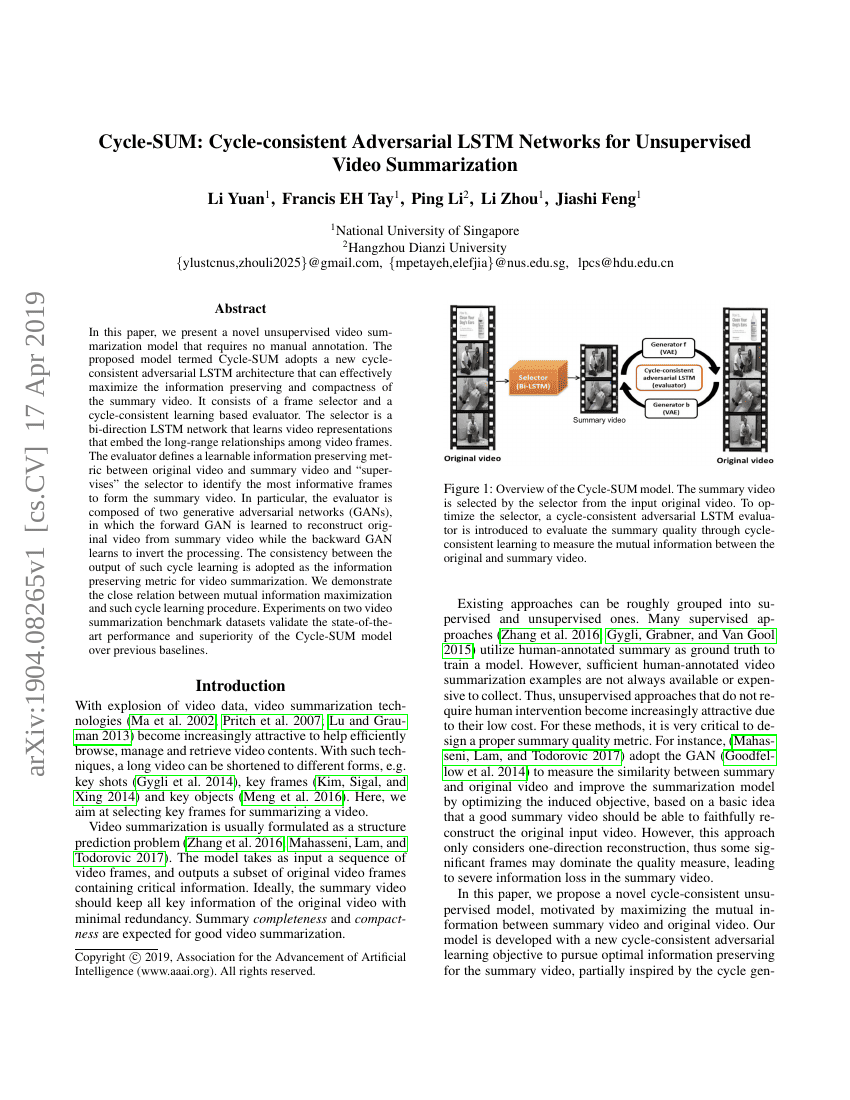 Cycle-SUM:基于循环一致性的对抗性LSTM网络用于无监督视频摘要生成