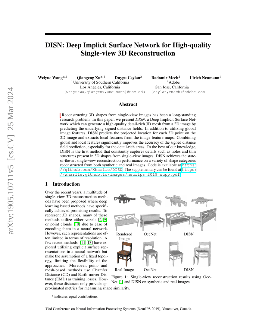 DISN:用于高质量单视图3D重建的深度隐式曲面网络