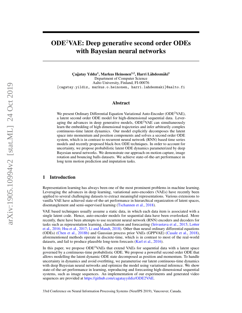 ODE$^2$VAE:基于贝叶斯神经网络的深度生成二阶常微分方程模型