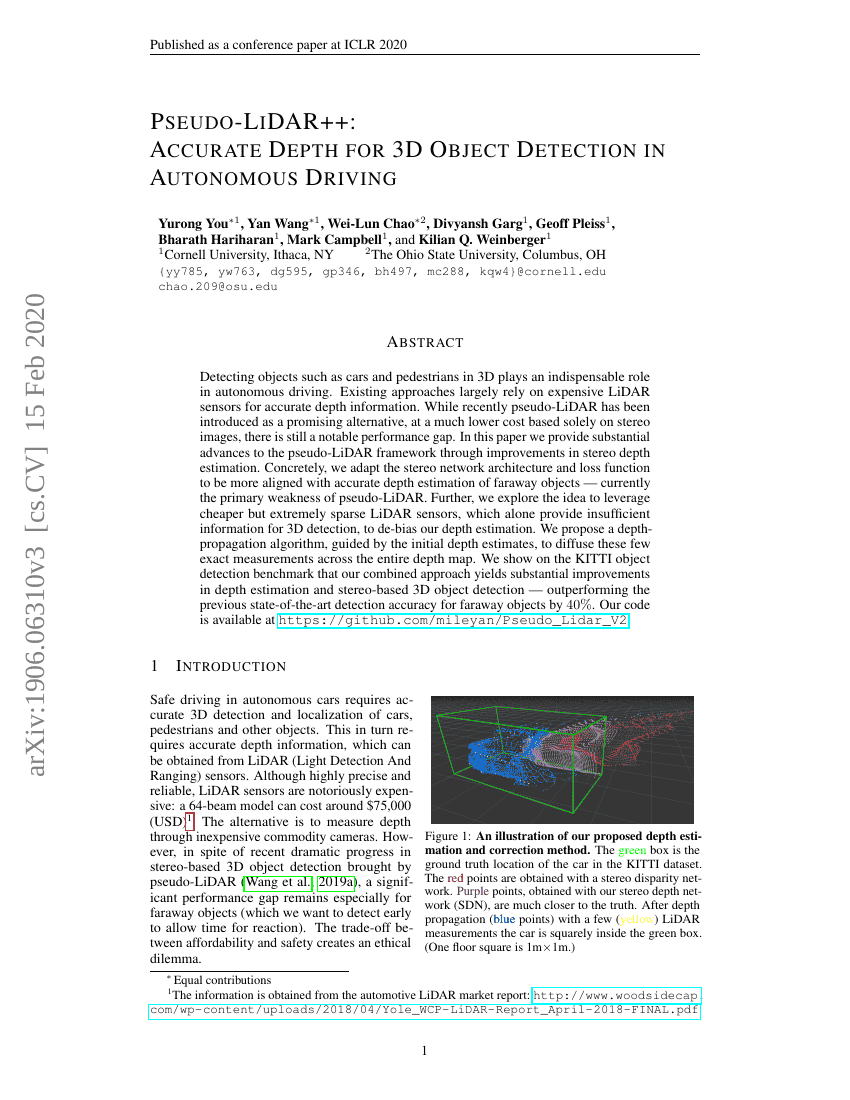 Pseudo-LiDAR++:用于自动驾驶中3D目标检测的精确深度