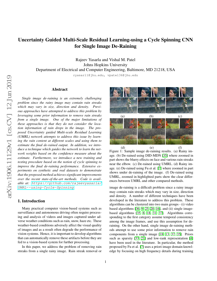 基于不确定性引导的多尺度残差学习——利用循环旋转CNN进行单幅图像去雨