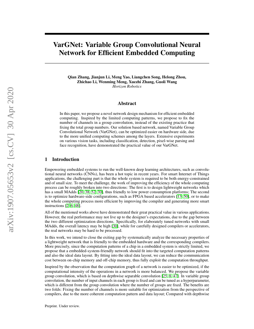 VarGNet:用于高效嵌入式计算的可变分组卷积神经网络