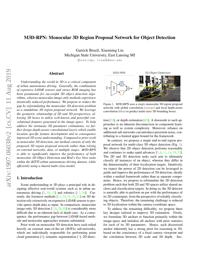 M3D-RPN:单目三维区域提议网络用于目标检测