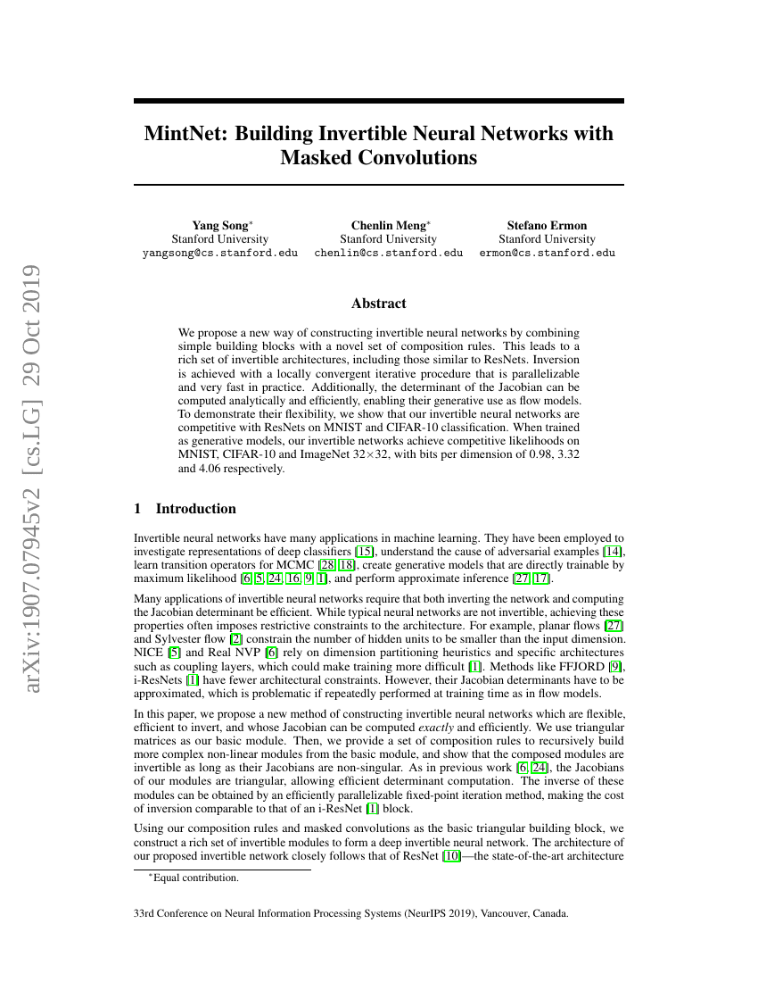 MintNet:使用掩码卷积构建可逆神经网络