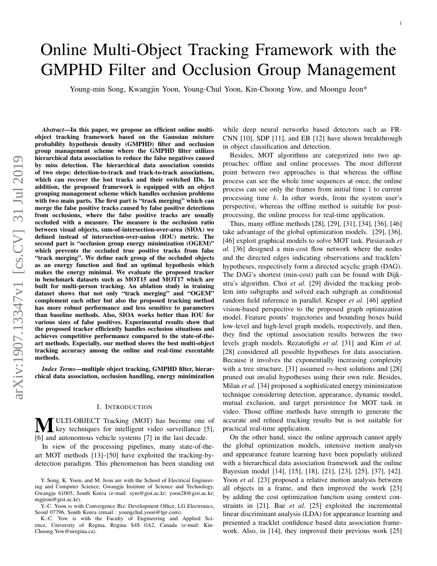 基于GMPHD滤波器和遮挡组管理的在线多目标跟踪框架