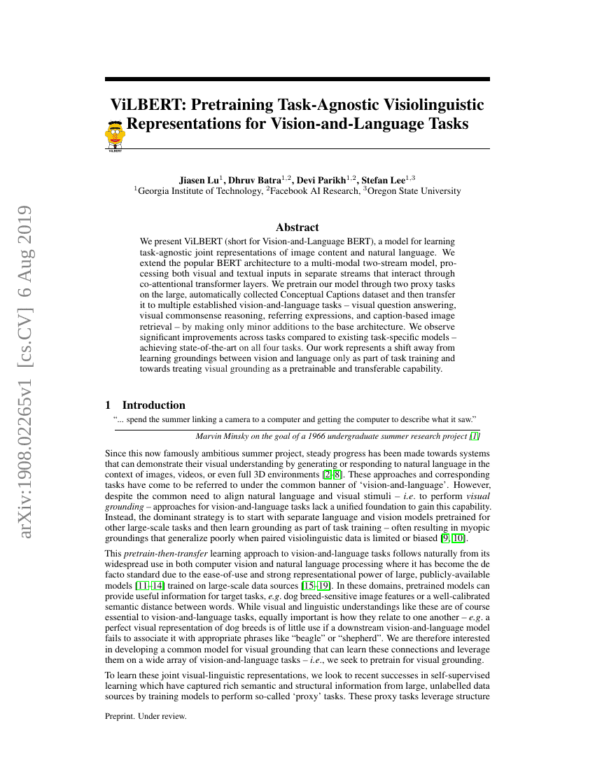 ViLBERT:为视觉-语言任务预训练任务无关的视听表征