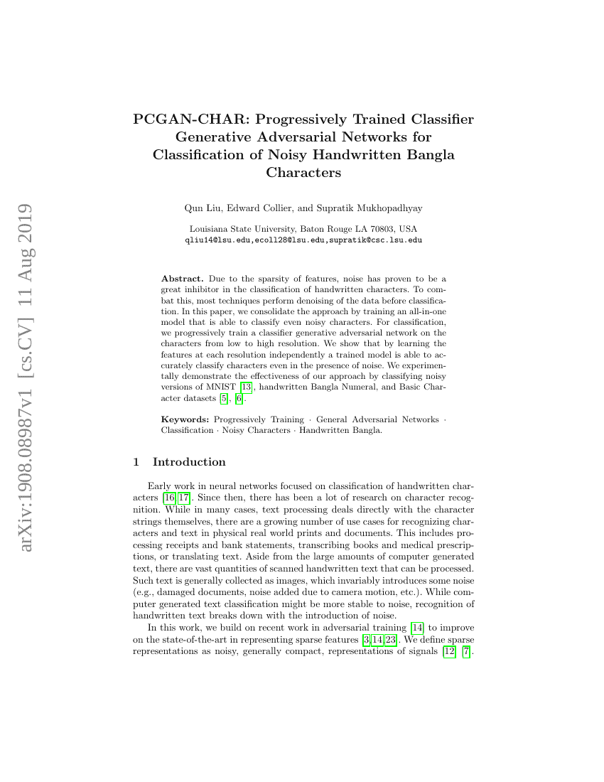 PCGAN-CHAR:逐步训练的分类生成对抗网络用于噪声手写孟加拉字符的分类