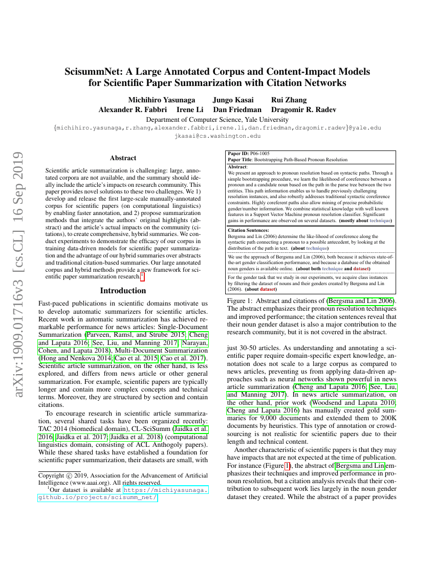 ScisummNet:用于基于引文网络的科学论文摘要生成的大规模标注语料库及内容影响模型