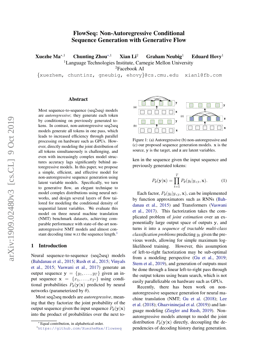 FlowSeq：基于生成流的非自回归条件序列生成