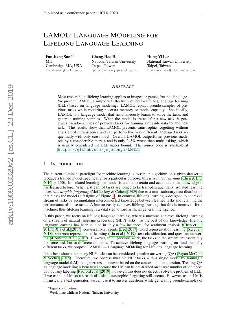LAMOL:面向终身语言学习的语言建模