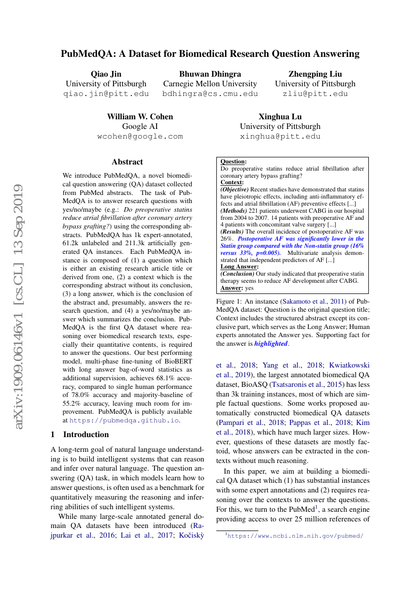 PubMedQA:一个用于生物医学研究问答的数据集