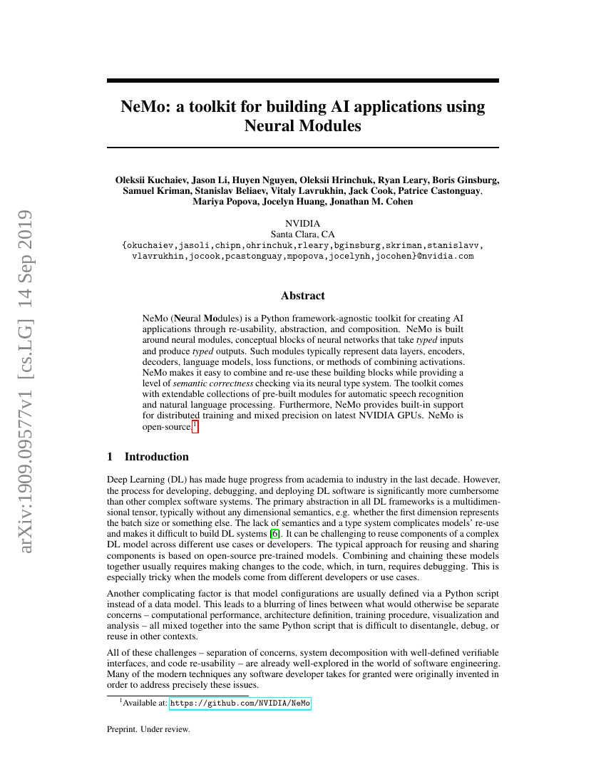 NeMo：一个用于构建基于 Neural Modules 的 AI 应用程序的工具包