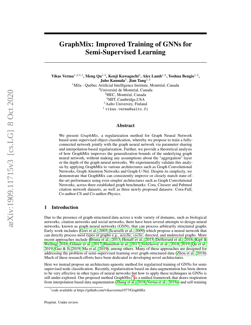 GraphMix:用于半监督学习的GNN改进训练方法