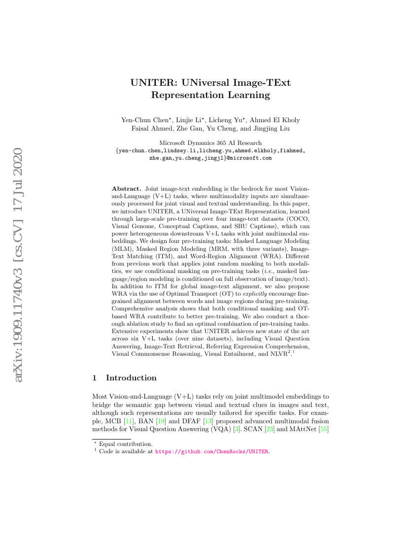 UNITER:通用图像-文本表示学习