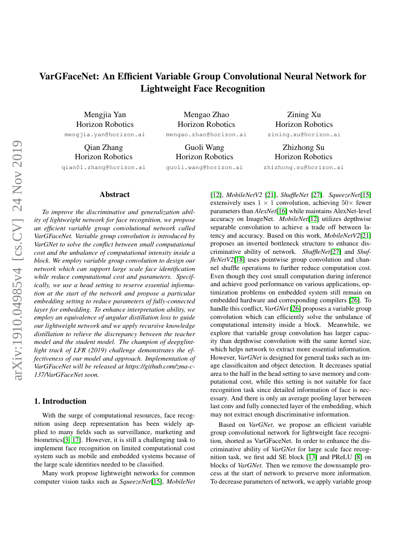 VarGFaceNet:一种高效的轻量级面部识别可变分组卷积神经网络