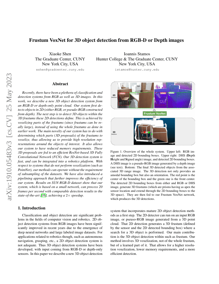 基于截锥体的VoxNet用于从RGB-D或深度图像中检测3D物体