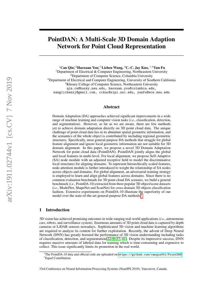 PointDAN:一种用于点云表征的多尺度3D域自适应网络