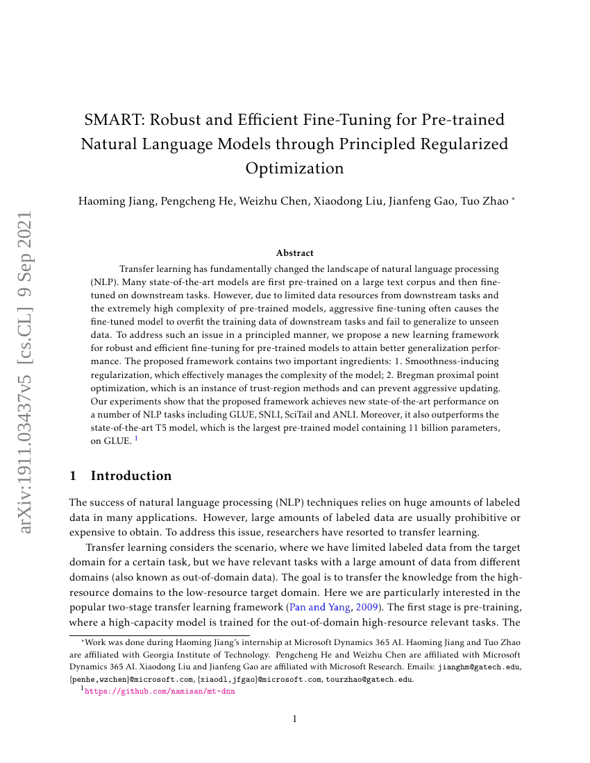 SMART：通过合理正则化优化实现预训练自然语言模型的鲁棒且高效的微调