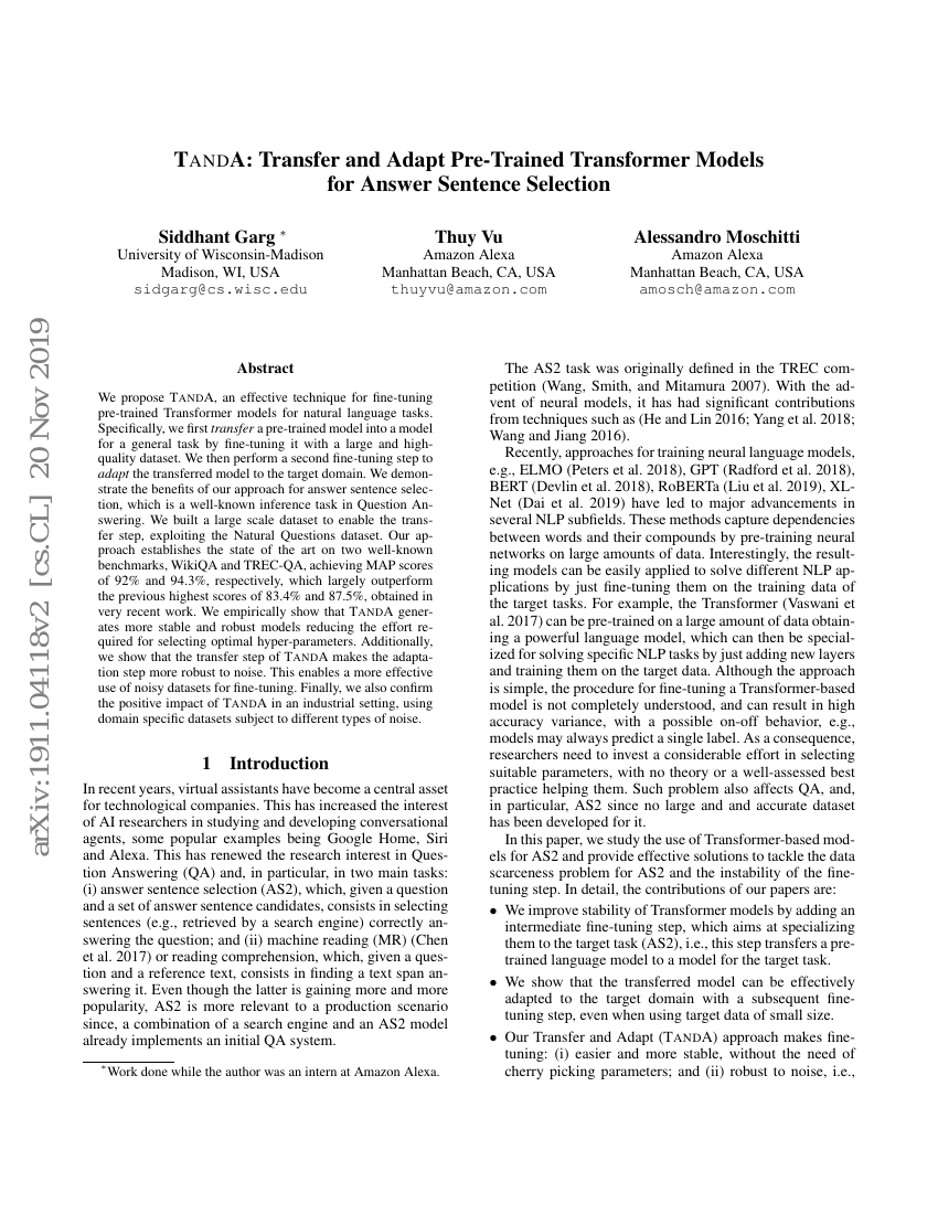 TANDA:用于答案句子选择的预训练Transformer模型迁移与适配