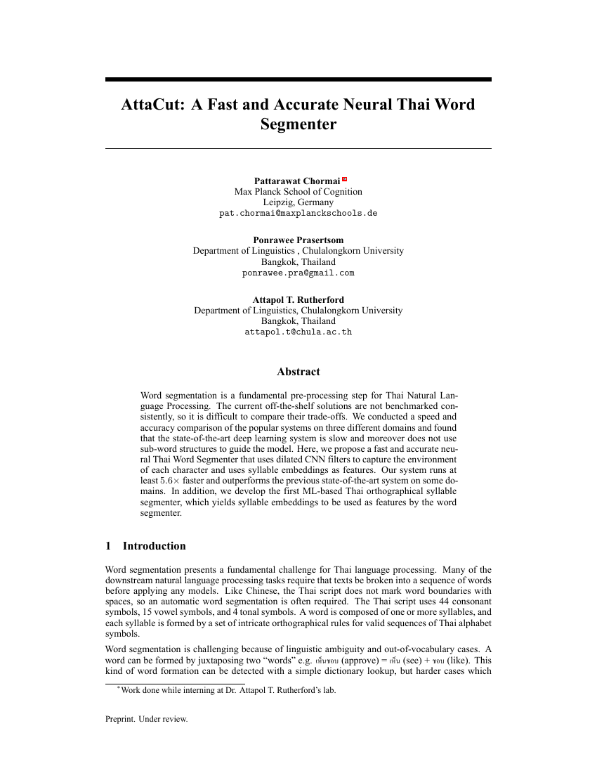 AttaCut:一种快速准确的神经泰语分词器