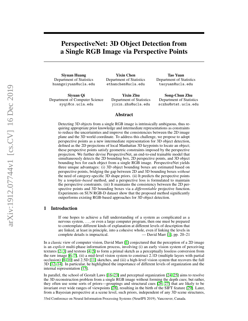 PerspectiveNet:通过透视点实现从单张RGB图像的3D目标检测