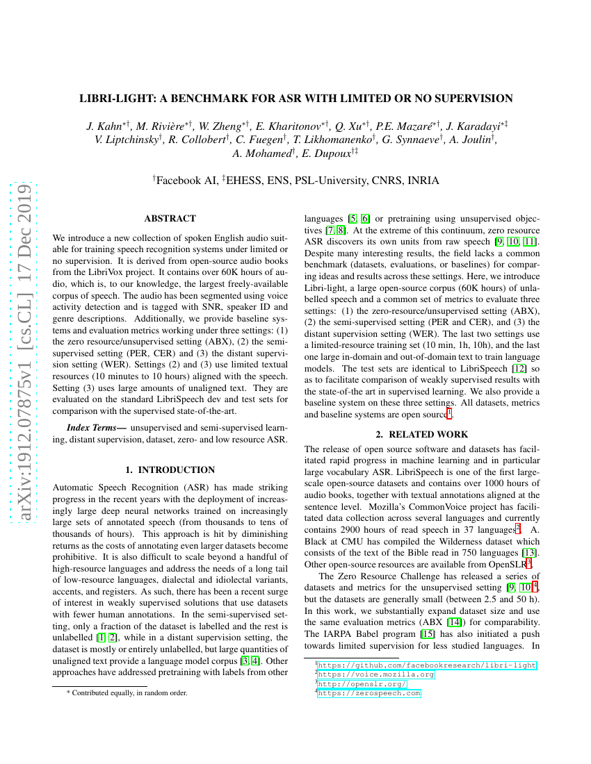 Libri-Light:面向有限或无监督场景的自动语音识别基准测试