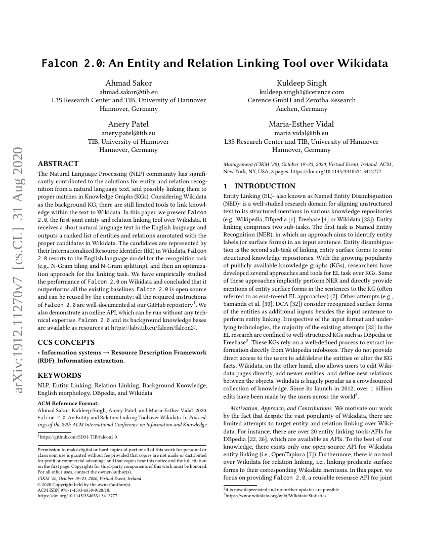 Falcon 2.0:面向Wikidata的实体与关系链接工具