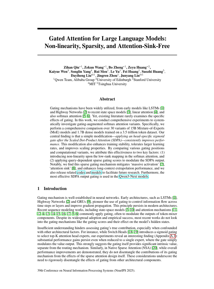 用于大型语言模型的门控注意力：非线性、稀疏性与无注意力陷阱